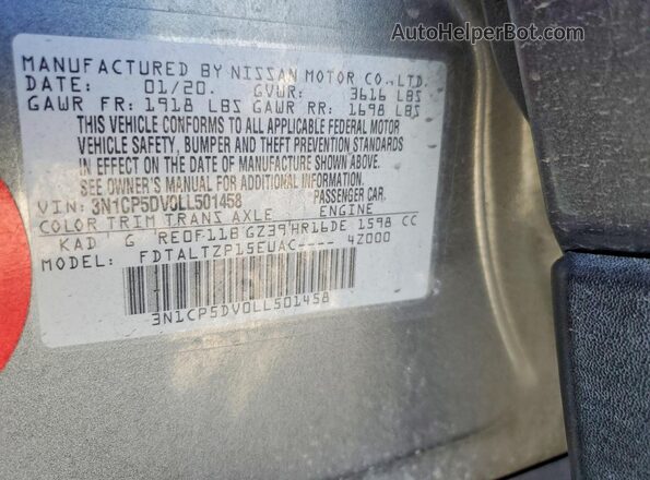 3N1CP5DV0LL501458 2020 NISSAN KICKS Charcoal Вид наклейки з VIN-кодом