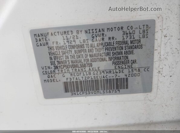 3N1CP5DV0ML558759 2021 NISSAN KICKS White Շարժիչի բաժամունքի տեսք