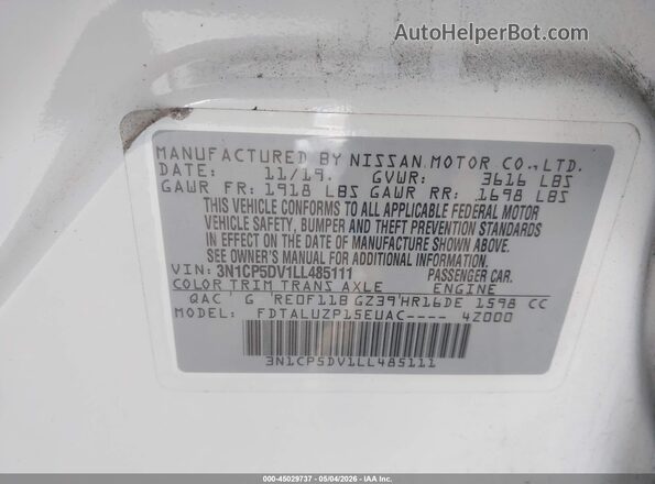 3N1CP5DV1LL485111 2020 NISSAN KICKS White ძრავის განყოფილების ხედი