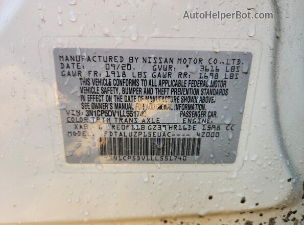 3N1CP5DV1LL551740 2020 NISSAN KICKS White VIN კოდის სტიკერის ხედი