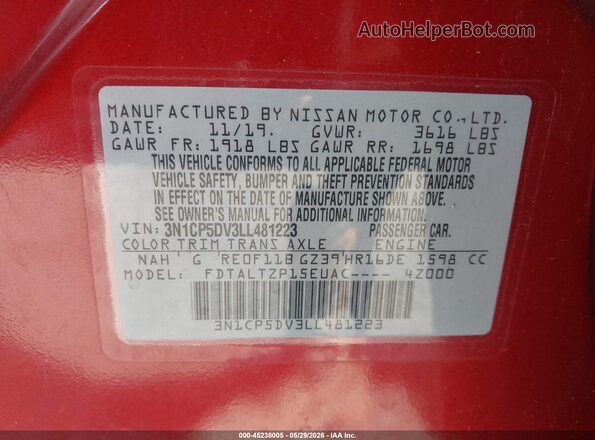 3N1CP5DV3LL481223 2020 NISSAN KICKS Red Vista del compartimento del motor