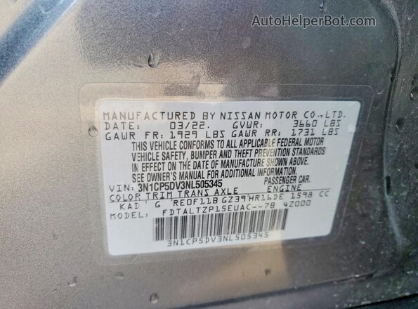 3N1CP5DV3NL505345 2022 NISSAN KICKS Gray Vista del compartimento del motor