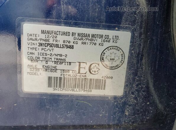 3N1CP5DV8LL579468 2020 NISSAN KICKS Blue VIN კოდის სტიკერის ხედი