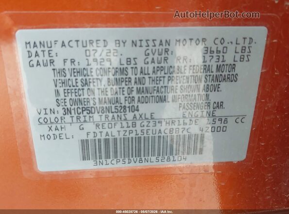 3N1CP5DV8NL528104 2022 NISSAN KICKS Orange Вид підкапотного простору