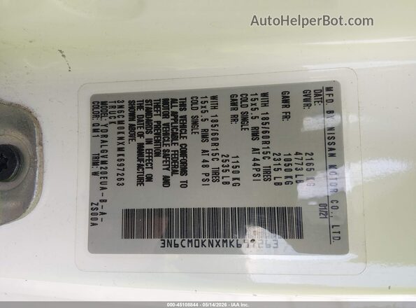 3N6CM0KNXMK697263 2021 NISSAN NV200  CARGO White Widok komory silnika