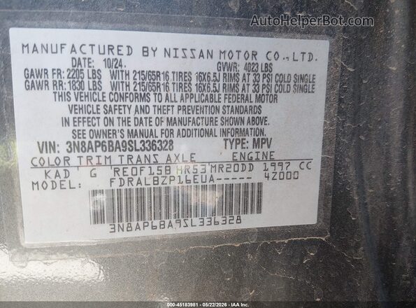 3N8AP6BA9SL336328 2025 NISSAN KICKS Gray Vista del compartimento del motor