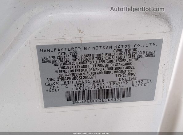 3N8AP6BB0SL365371 2025 NISSAN KICKS White Engine compartment view