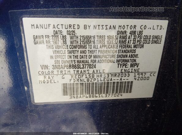 3N8AP6BB6SL377024 2025 NISSAN KICKS Blue ძრავის განყოფილების ხედი