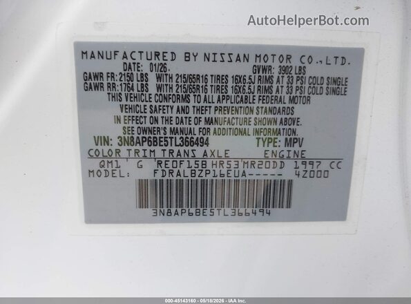 3N8AP6BE5TL366494 2026 NISSAN KICKS White Շարժիչի բաժամունքի տեսք