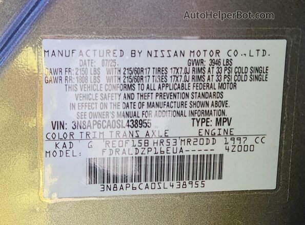 3N8AP6CA0SL438955 2025 NISSAN KICKS Gray VIN კოდის სტიკერის ხედი