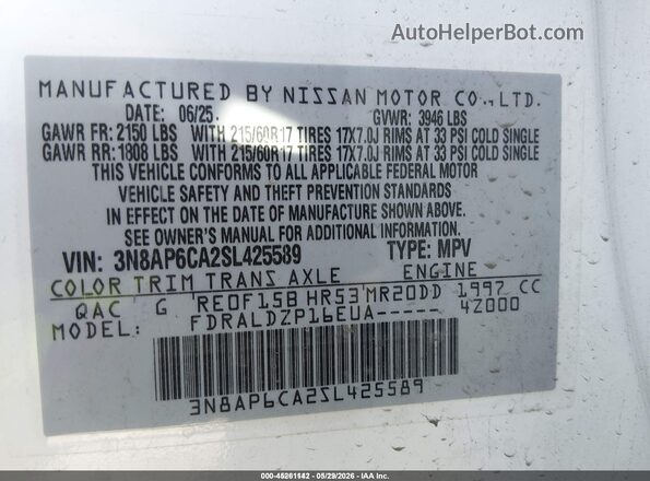 3N8AP6CA2SL425589 2025 NISSAN KICKS White Vista del compartimento del motor