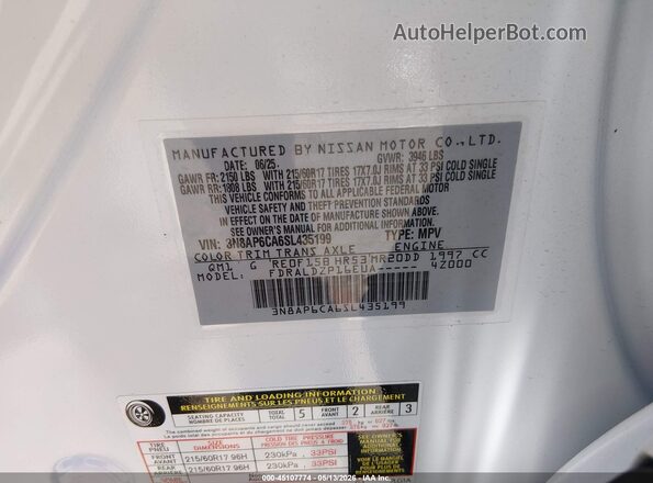 3N8AP6CA6SL435199 2025 NISSAN KICKS White Vista del compartimento del motor