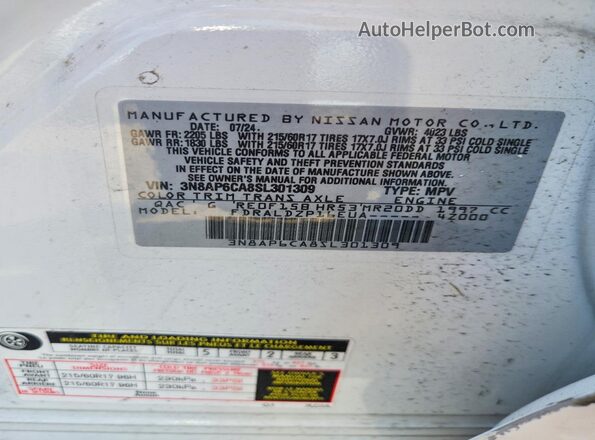 3N8AP6CA8SL301309 2025 NISSAN KICKS Белый Вид наклейки с VIN-кодом