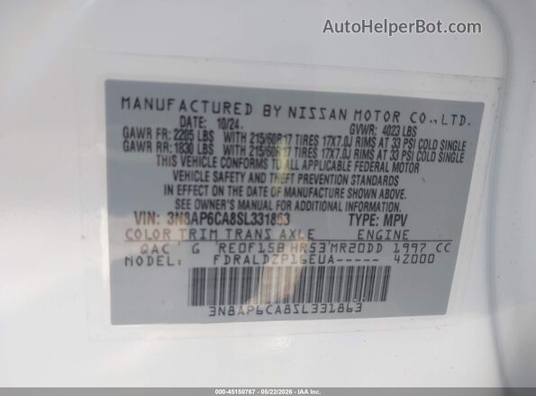 3N8AP6CA8SL331863 2025 NISSAN KICKS White Vista del compartimento del motor