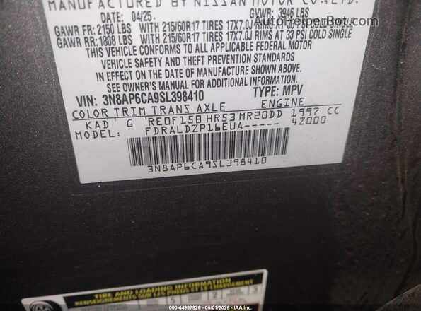 3N8AP6CA9SL398410 2025 NISSAN KICKS Gray Vista del compartimento del motor