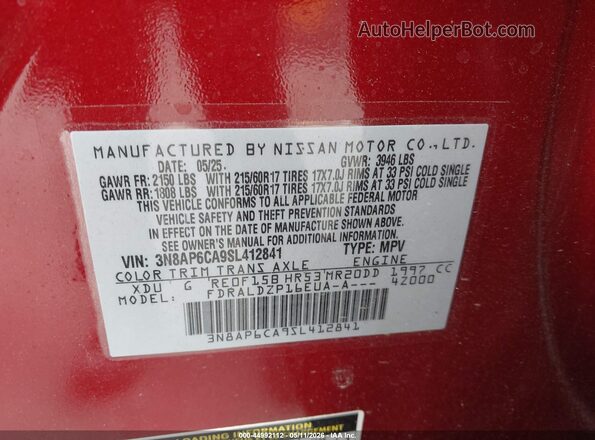 3N8AP6CA9SL412841 2025 NISSAN KICKS Burgundy Вид підкапотного простору
