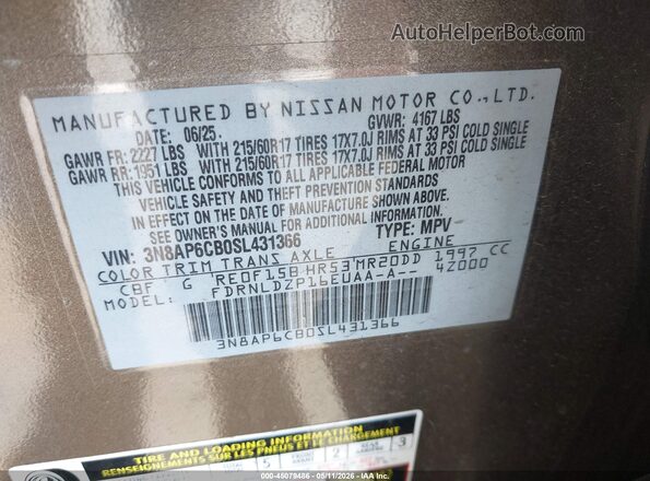 3N8AP6CB0SL431366 2025 NISSAN KICKS Brown Vista del compartimento del motor