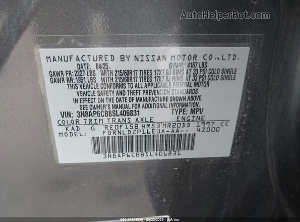 3N8AP6CB8SL406831 2025 NISSAN KICKS Gray ძრავის განყოფილების ხედი