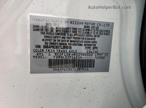 3N8AP6CBXTL389516 2026 NISSAN KICKS White VIN კოდის სტიკერის ხედი
