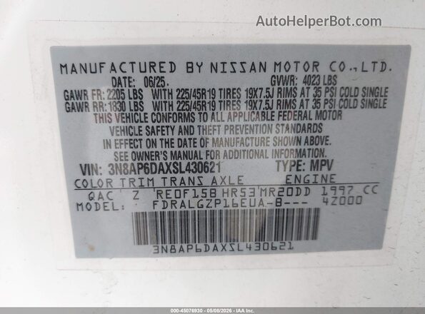 3N8AP6DAXSL430621 2025 NISSAN KICKS White Engine compartment view
