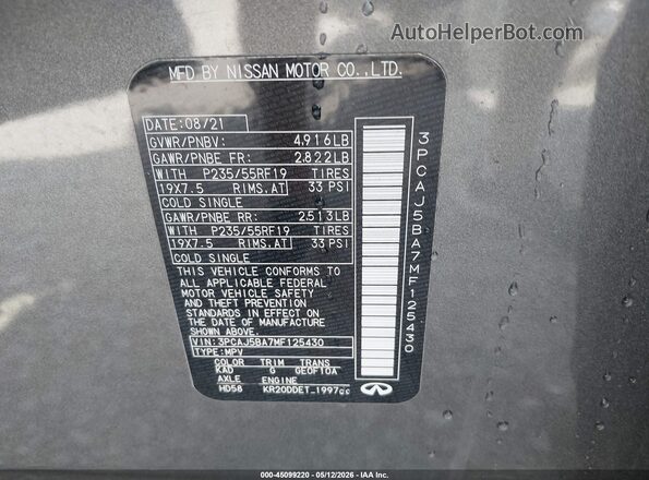 3PCAJ5BA7MF125430 2021 INFINITI QX50 Gray Engine compartment view