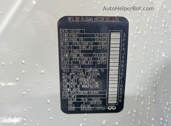 3PCAJ5BB3RF105398 2024 INFINITI QX50 White Вид наклейки з VIN-кодом
