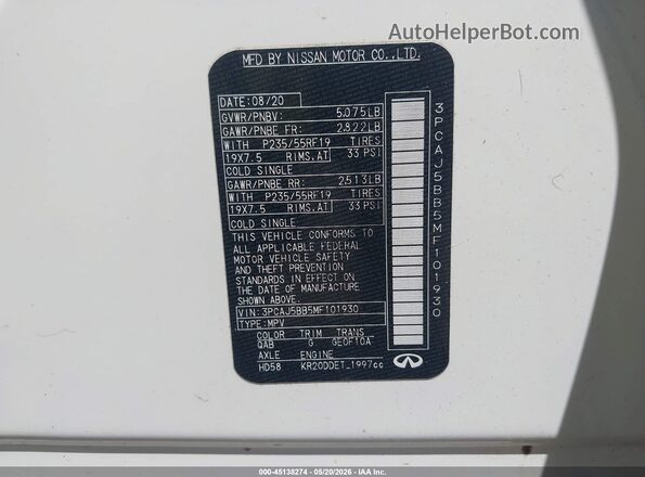 3PCAJ5BB5MF101930 2021 INFINITI QX50 White Vista del compartimento del motor
