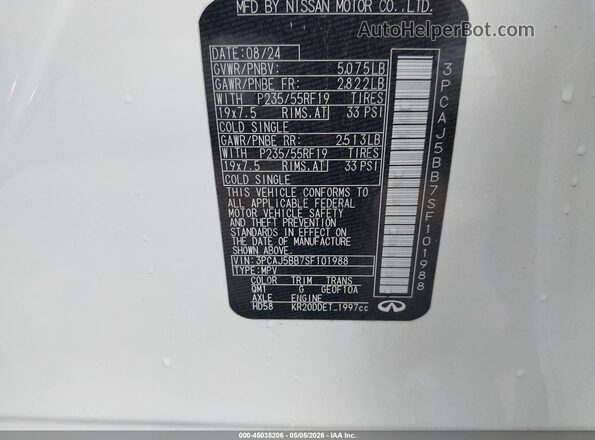 3PCAJ5BB7SF101988 2025 INFINITI QX50 White Engine compartment view