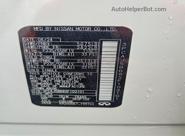 3PCAJ5BB8SF102101 2025 INFINITI QX50 White Вид наклейки з VIN-кодом