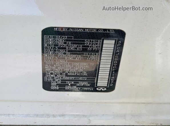 3PCAJ5BB9PF114572 2023 INFINITI QX50 White Вид підкапотного простору