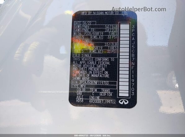 3PCAJ5CB7NF119703 2022 INFINITI QX50 White Շարժիչի բաժամունքի տեսք