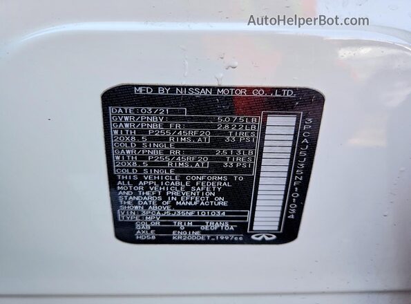 3PCAJ5J35NF101034 2022 INFINITI QX55 White Vista de la etiqueta del VIN