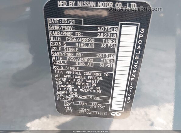 3PCAJ5J39NF101280 2022 INFINITI QX55 Blue Շարժիչի բաժամունքի տեսք