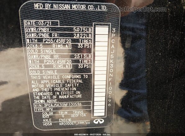 3PCAJ5K30NF100596 2022 INFINITI QX55 Black Вид підкапотного простору