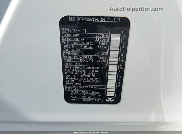 3PCAJ5K30NF102977 2022 INFINITI QX55 White Շարժիչի բաժամունքի տեսք
