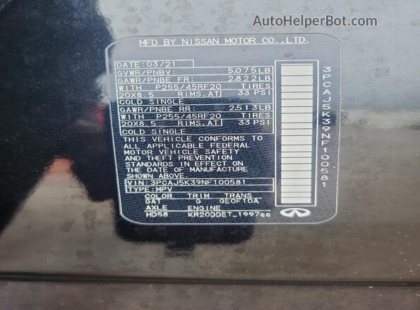 3PCAJ5K39NF100581 2022 INFINITI QX55 Black Vista del compartimento del motor