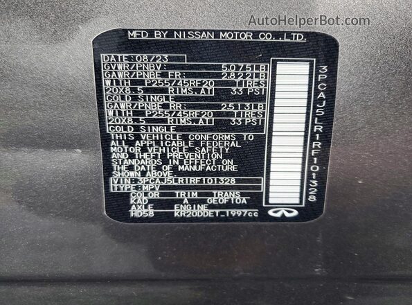 3PCAJ5LR1RF101328 2024 INFINITI QX55 Gray VIN կոդի պիտակի տեսք