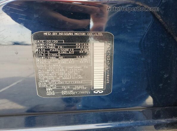 3PCAJ5M17LF118554 2020 INFINITI QX50 Blue VIN კოდის სტიკერის ხედი