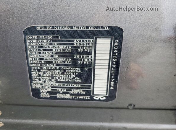 3PCAJ5M19LF117826 2020 INFINITI QX50 Gray Widok naklejki z numerem VIN
