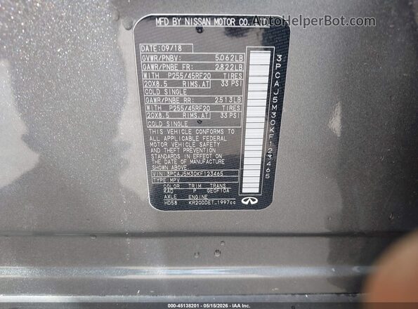 3PCAJ5M30KF123465 2019 INFINITI QX50 Gray Շարժիչի բաժամունքի տեսք