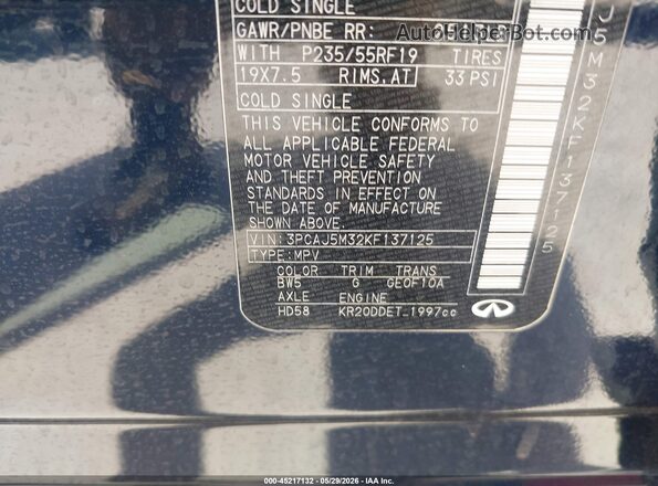 3PCAJ5M32KF137125 2019 INFINITI QX50 Blue ძრავის განყოფილების ხედი