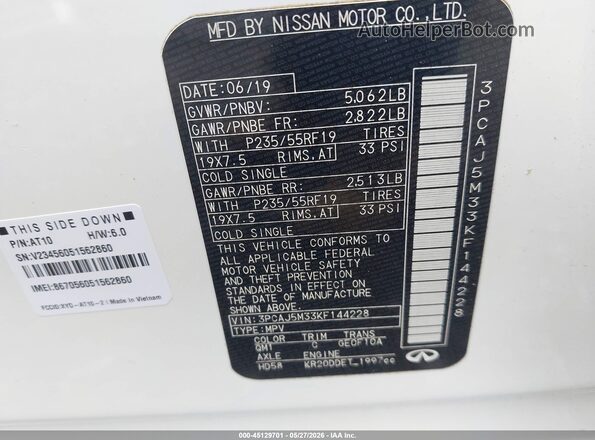 3PCAJ5M33KF144228 2019 INFINITI QX50 Белый Вид подкапотного пространства