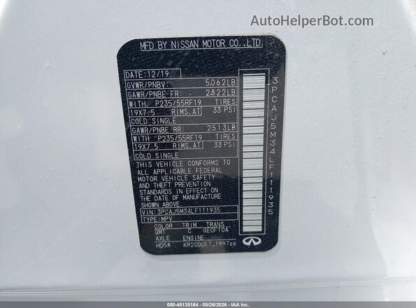 3PCAJ5M34LF111935 2020 INFINITI QX50 Белый Вид подкапотного пространства
