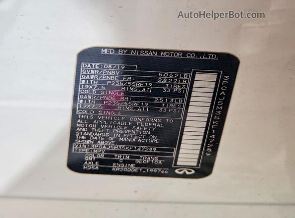3PCAJ5M35KF147289 2019 INFINITI QX50 White VIN կոդի պիտակի տեսք