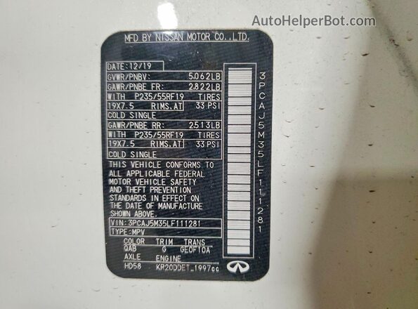 3PCAJ5M35LF111281 2020 INFINITI QX50 Белый Вид наклейки с VIN-кодом