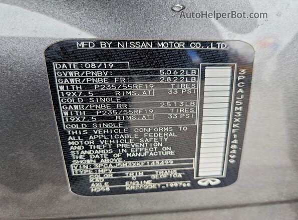 3PCAJ5M3XKF148499 2019 INFINITI QX50 Gray VIN sticker view