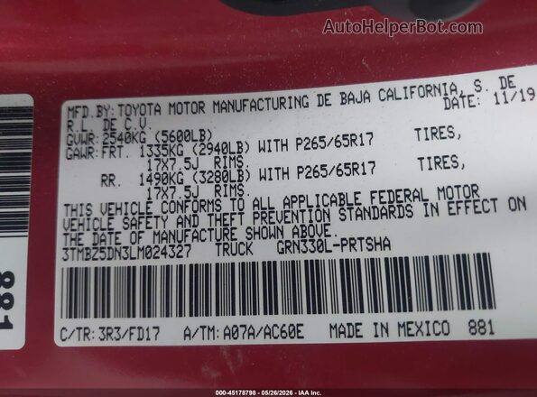 3TMBZ5DN3LM024327 2020 TOYOTA TACOMA Orange ძრავის განყოფილების ხედი