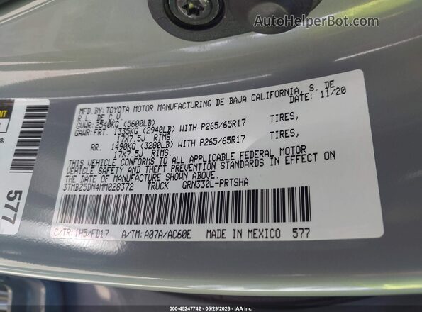 3TMBZ5DN4MM028372 2021 TOYOTA TACOMA Silver ძრავის განყოფილების ხედი