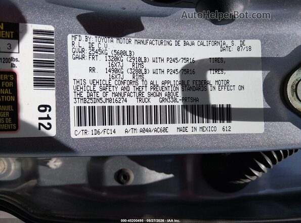 3TMBZ5DN5JM016274 2018 TOYOTA TACOMA Red Շարժիչի բաժամունքի տեսք