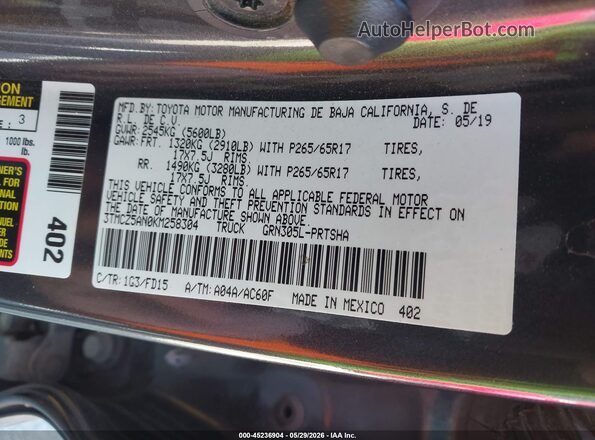 3TMCZ5AN0KM258304 2019 TOYOTA TACOMA Gray 
